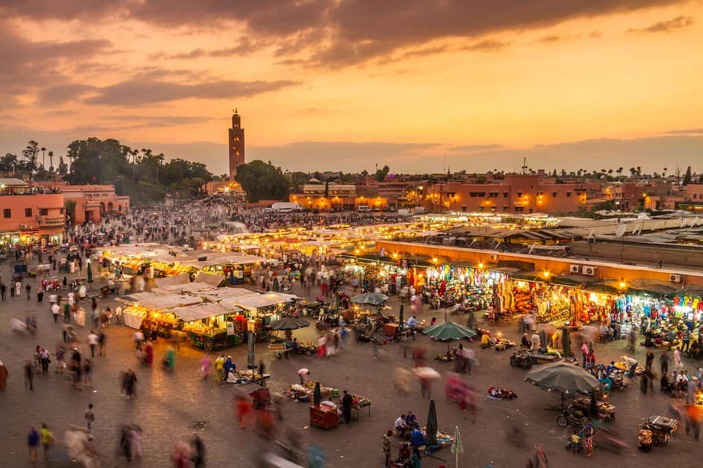 marrakech - Jamaa el Fna market square, Marrakesh, Morocco, north Africa. Jemaa el-Fnaa, Djema el-Fna or Djemaa el-Fnaa is a famous square and market place in Marrakesh's medina quarter.